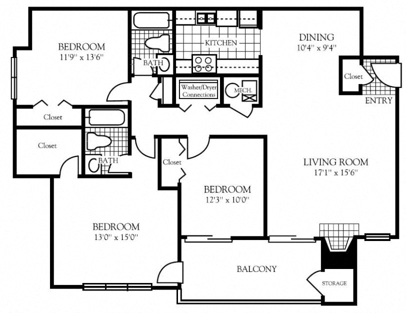 Floor plan for 3 beds, 2 baths, 1318 sqft